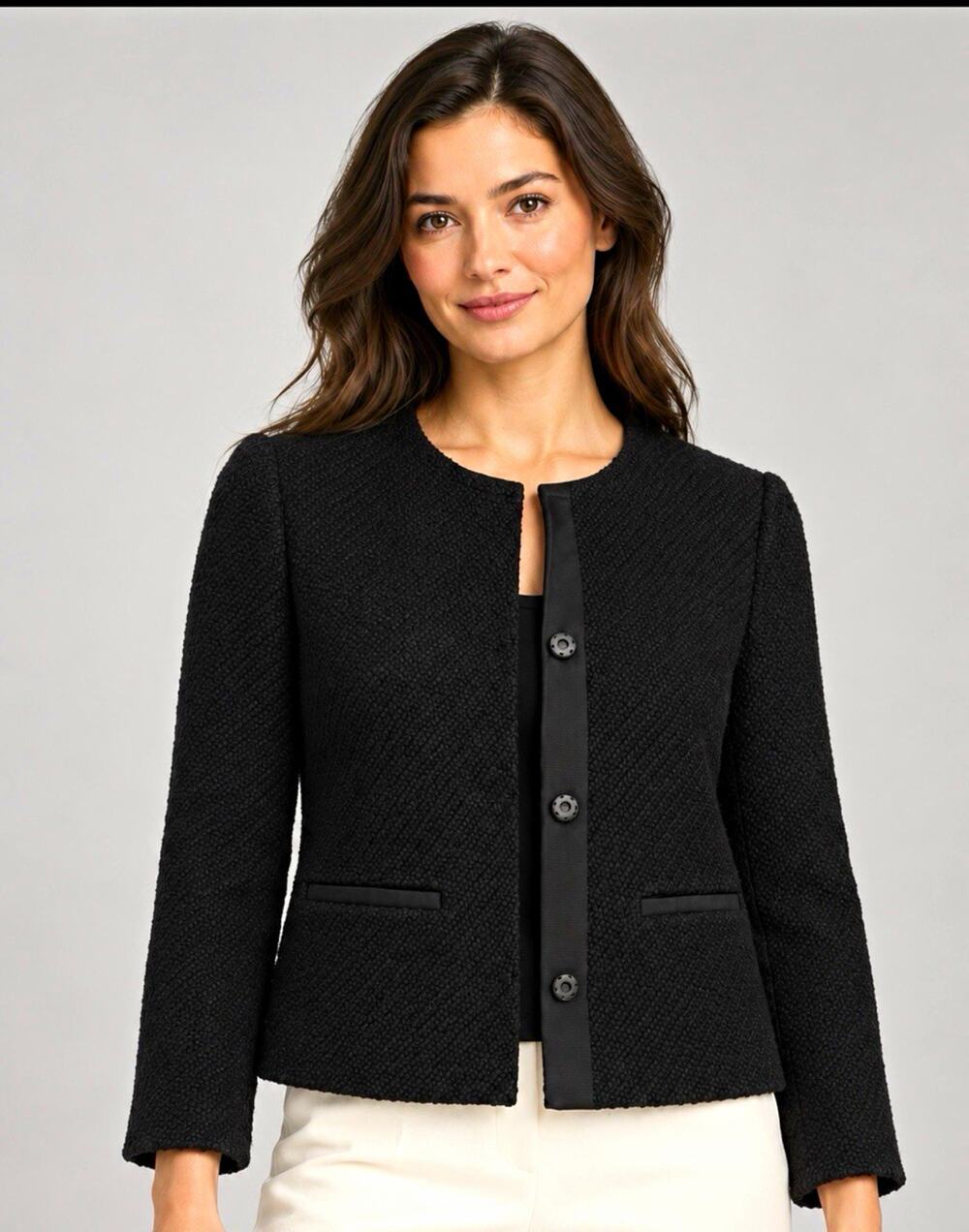 Vince Womens Size 6 Black Wool Blend Boucle Jacket Collarless Silk Trim Pockets